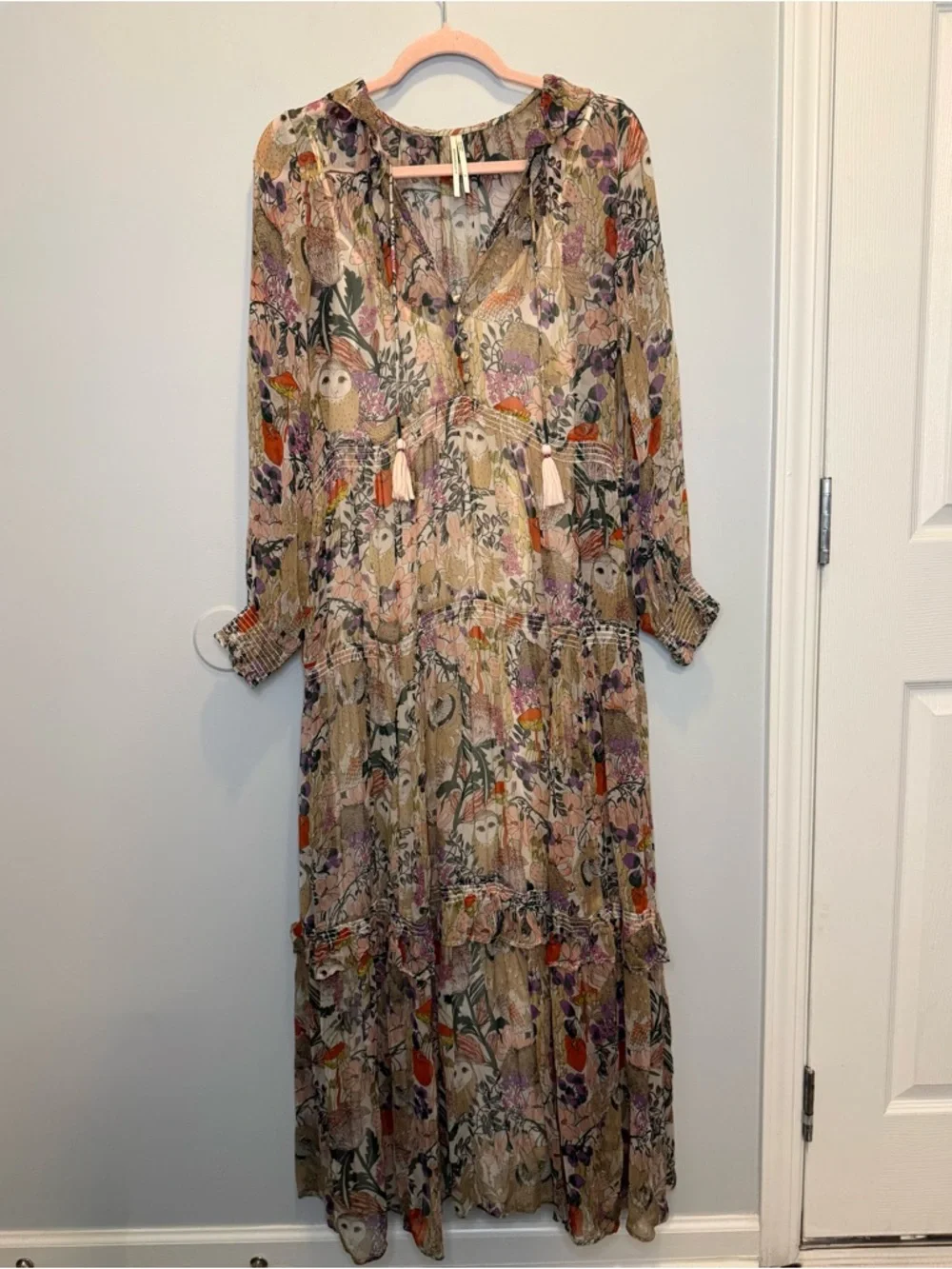 Anthropologie Marais Woodland Owl Floral Tiered Maxi Dress Small Boho - Picture 2 of 9